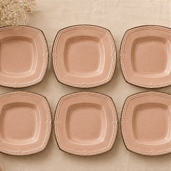 Conjunto de 6 pratos Rosa Cerâmica Borda Queimada Quadrada