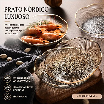Prato Nórdico Sobremesa Petiscos Frutas em Acrílico com Borda Dourada Floral