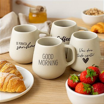 "Jogo Caneca Bojuda 260ml Motivacional Porcelana Acetinada Fosca Cappuccino Café Mesa Posta Presente"