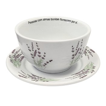 " Cumbuca e Prato Sobremesa Porcelana Lavanda 19cm Jogo Decorado Mesa Posta Café Chá Sobremesa"