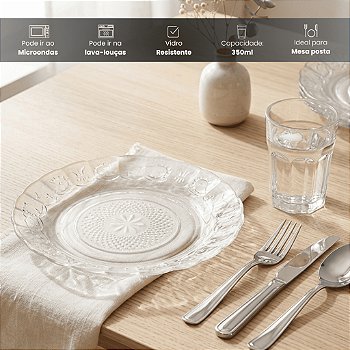 "Aparelho de Jantar Em Vidro Com Talheres 30 Peças - Copos, Pratos e Talheres Inox - Ideal Mesa Posta"