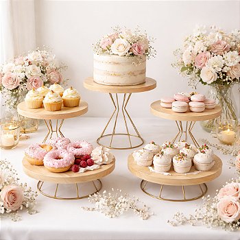 "Kit Boleiras Decorativas Madeira com Base Dourada Suporte para Doces Festa Luxo Mesa Posta Aniversario"