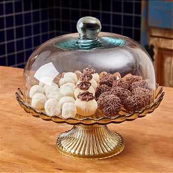 " Boleira de Vidro com Pé e Tampa Pétalas de Jasmin 24 cm Colorida Vitazza Prato para Bolo, Doces"