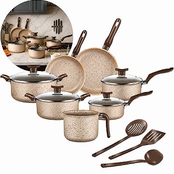 " Jogo De Panelas 10 Peças Antiaderente Conjunto Frigideira Fervedor tampa de vidro Cor Coffee Cappuccino Kit Talheres"
