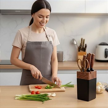 "Jogo de Facas 7 Peças Aço Inox com Cepo e Tesoura Cozinha Kit Completo Faqueiro Bancada Gourmet"