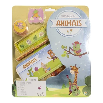 Livro Kit Escolar Animais com Estojo e Itens