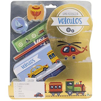 Livro Kit Escolar Veículos com Estojo e Itens