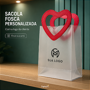 Sacola Transparente Fosca PVC com Alça Coração Vermelho Personalizada - 16x15x8cm - 1 unidade - Fenari