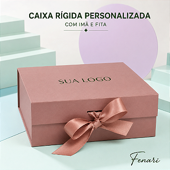 Caixa de Papel Rígido Retangular com Imã e Fita Personalizado - Rosé - P 20x18,2x8cm - 1 unidade - Fenari