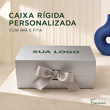 Caixa de Papel Rígido Retangular Personalizada com Imã e Fita – Prata – P - Fenari