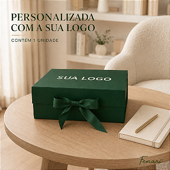Caixa de Papel Rígido Retangular Personalizada com Imã e Fita Personalizada– Verde-Escuro – P – 1 Unidade - Fenari