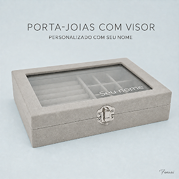 Porta-Joias com Visor Personalizado com Nome – Cinza – 20 × 15 cm - 1 Unidade Fenari