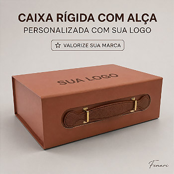 Caixa de Papel Rígido Retangular com Alça Personalizada com Sua Logo – Marrom – 24,5 × 17,5 × 8 cm - 1 unidade - Fenari