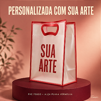 Sacola Transparente Fosca em PVC Personalizada – Alça Plana Vermelha – 25x15x9cm - 1 unidade - Fenari