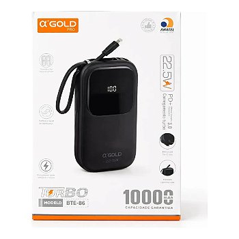 Power Bank αGOLD Pro 10000mAh 22.5W Turbo Carregamento Rápido com Display Digital e Cabo Integrado - ALFA GOLD