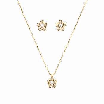 Conjunto Flor com Pérola Folheado a Ouro