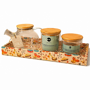 KIT CHÁ DOCE COZINHA - COM CHALEIRA DE VIDRO E POTES HERMÉTICOS TAMPA BAMBU | 4 PEÇAS