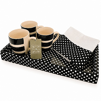 KIT CAFÉ COM LEITE POÁ - COM CANECAS EM CERÂMICA E PANO DE COPA DECORATIVO | 5 PEÇAS