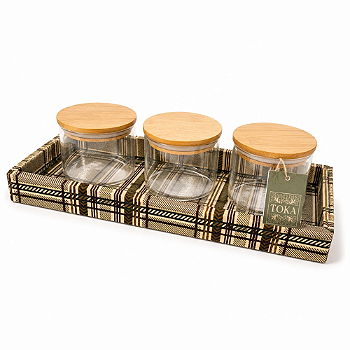 KIT PORTA-MANTIMENTOS XADREZ - COM POTES HERMÉTICOS TAMPA DE BAMBU | 4 PEÇAS