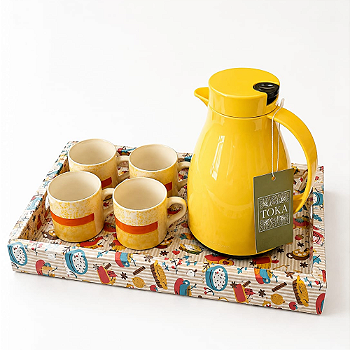 KIT CAFÉ DOCE COZINHA - COM GARRAFA TÉRMICA AMARELA E XÍCARAS | 6 PEÇAS