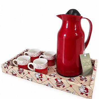 KIT CAFÉ XÍCARAS PAPAI NOEL - COM GARRAFA TÉRMICA E XÍCARAS BICOLOR | 6 PEÇAS