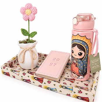 BANDEJA ORGANIZADORA ESCRITÓRIO NOSSA SENHORA - COM GARRAFA SQUEEZE, AGENDA 2027 E VASO DECORATIVO COM FLOR ARTESANAL | 4 PEÇAS