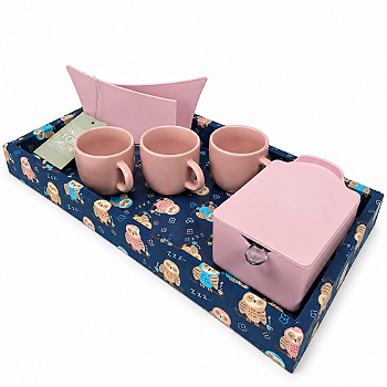 KIT CAFÉ CORUJA - COM XÍCARAS ROSÊ, AÇUCAREIRO E PORTA GUARDANAPOS | 6 PEÇAS