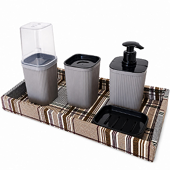 KIT PARA LAVABO XADREZ - BANDEJA, PORTA SABONETE LÍQUIDO E EM BARRA, PORTA ESCOVA E COTONETE ||5 PEÇAS