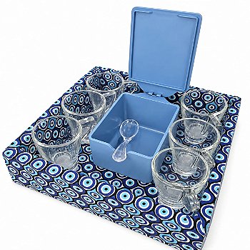 KIT CAFÉ OLHO GREGO - COM AÇUCAREIRO E XÍCARAS EM VIDRO | 9 PEÇAS