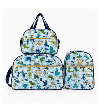 Kit Mala Bolsa Maternidade 3 Peças – Mala Grande, Mala Média e Mochila Dinossauro