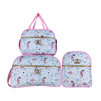 Kit Mala Bolsa Maternidade 3 Peças – Mala Grande, Mala Média e Mochila Unicornio