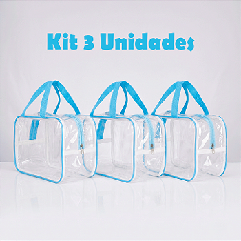 Kit 3 Bolsa Necessaire Transparente Feminina Organizadora - Azul BB