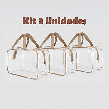 Kit 3 Bolsa Necessaire Transparente Feminina Organizadora - Bege