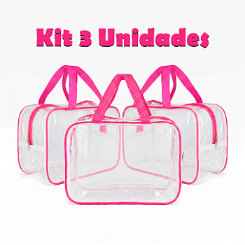 Kit 3 Bolsa Necessaire Transparente Feminina Organizadora - Pink