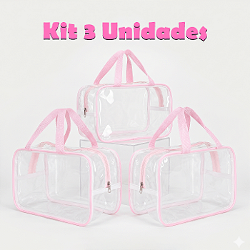 Kit 3 Bolsa Necessaire Transparente Feminina Organizadora - Rosa BB