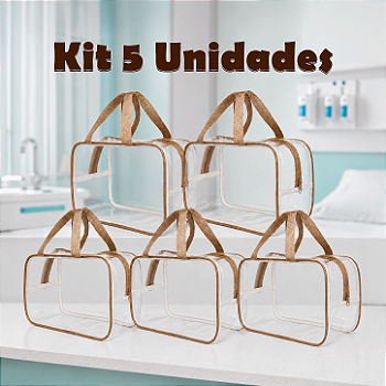 Kit 5 Bolsa Necessaire Transparente Feminina Organizadora - Bege