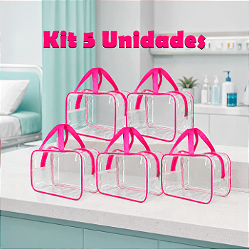Kit 5 Bolsa Necessaire Transparente Feminina Organizadora - Pink