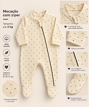 Macacão com Ziper até 3kg - Menina Poá Amarelo com Marrom