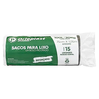 Saco para Lixo Reforçado 100 Litros Preto Rolo C/15 | Orleplast