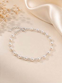 Pulseira de Pérolas Feminina Prateada Delicada Elegante Ajustável