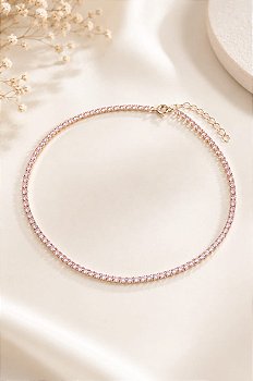 Choker Riviera Rosa com Cristais Feminina Prateada Delicada