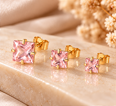 Brinco Trio Pedra Quadrada Com 4 Garras (4/5/6mm)-D2 Rosa Claro