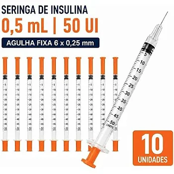 Seringa Insulina Tizerpatida 0,5ml Agulha 6x0,25mm 10 Unidades Grátis Kit 10 Alcool