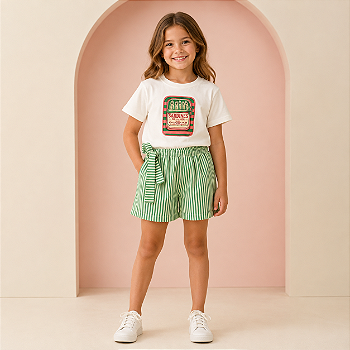 Conjunto Infantil Menina Sardinha Retrô - Camiseta e Short Listrado