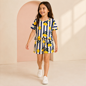 Conjunto Infantil Menina Limão Siciliano Listrado - Blusa e Short