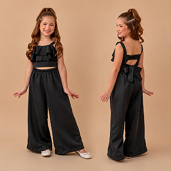 Conjunto Infantil Menina Cropped com Babados e Calça Pantalona Preta com Laço