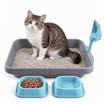 Kit 4 em 1 para Gatos DPet com Caixa de Areia, Comedouro, Bebedouro e Pá