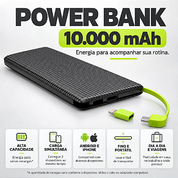 Power Bank Universal 10.000 Mah Carregador Celular Compatíve