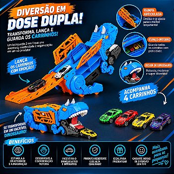 Caminhão Dinossauro 2 em 1 com Pista e 4 Carrinhos