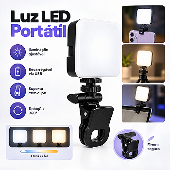 Luz LED Portátil – Iluminação para Celular, Notebook e Câmer